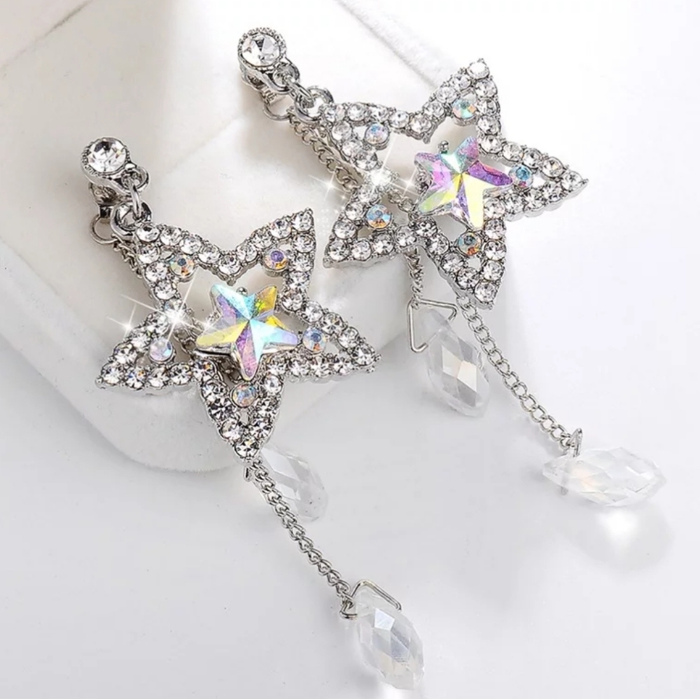 Star Rhinestone Long Tassel Dangle Earrings